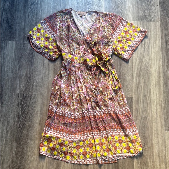 Kachel X Anthropologie Floral Wrap Dress in Yellow and pink Petite summer Dress - Picture 1 of 7